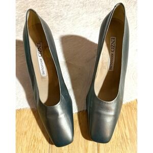 ENZO ANGIOLINI Vtg y2k Valentina Gray Leather Square Toe Block Toe Pumps Size 8N